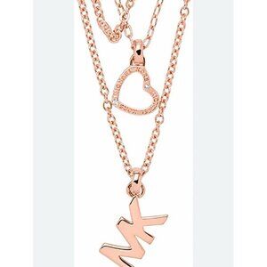 MICHAEL KORS MK ROSE GOLD CHAIN MULTI STRAND CHARM HEART RHINESTONE NECKLACE NEW